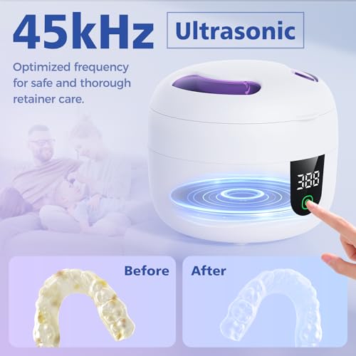 Waterproof Ultrasonic Retainer Cleaner Machine with 180ml Removable Water Tank - 45kHz Ultrasonic Cleaner for Mouth Guards, Jewelry, and Retainer Cleaner- Digital Timer, Smart Pause, Quiet to 30dB