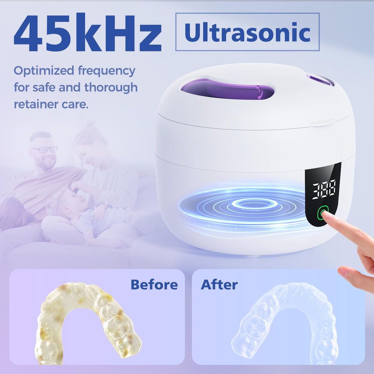 Waterproof Ultrasonic Retainer Cleaner Machine with 180ml Removable Water Tank - 45kHz Ultrasonic Cleaner for Mouth Guards, Jewelry, and Retainer Cleaner- Digital Timer, Smart Pause, Quiet to 30dB