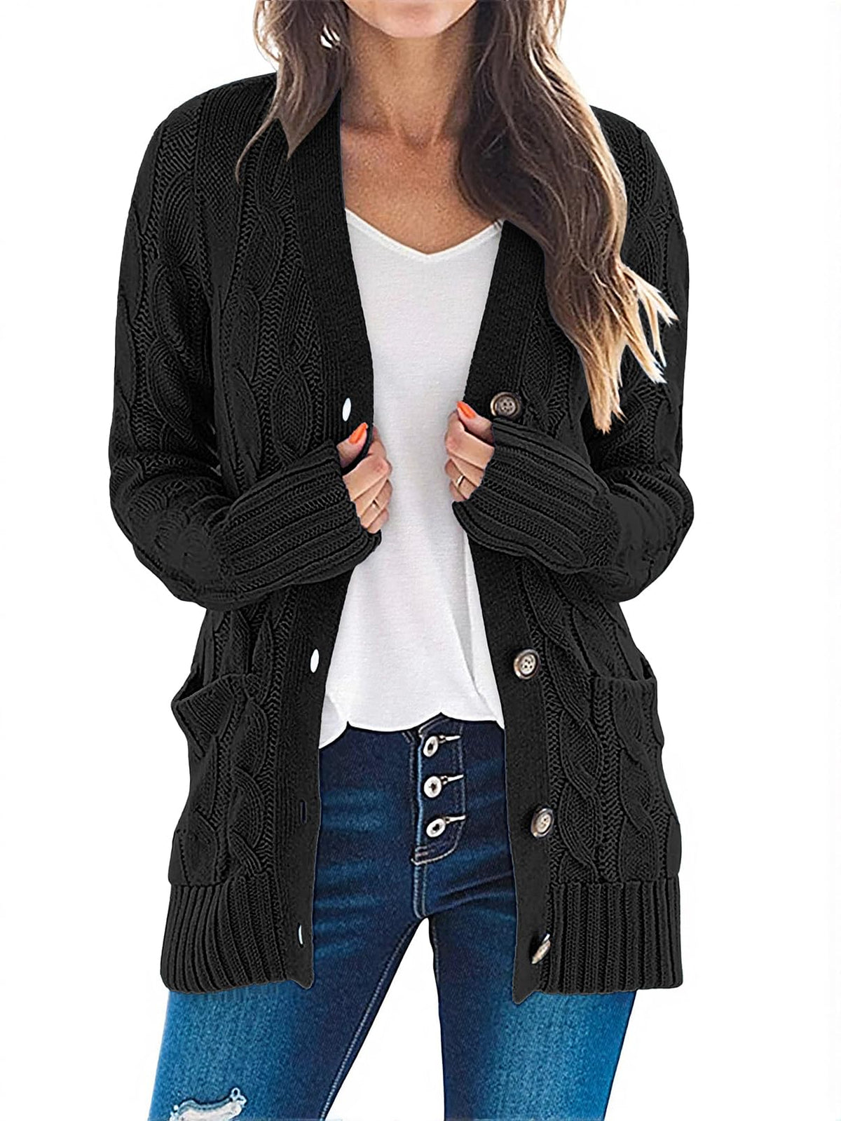 MEROKEETY Womens Fall 2026 Long Sleeve Cable Knit Cardigan Sweaters